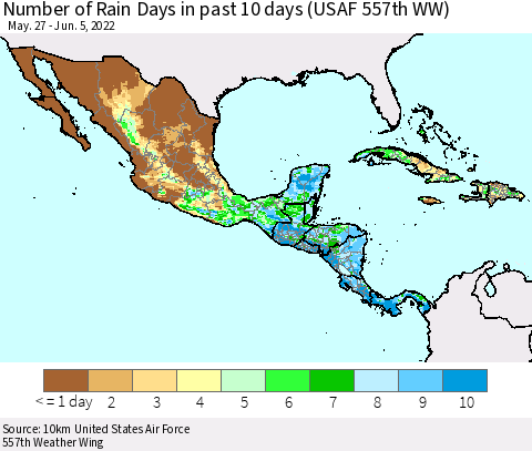 Mexico Central America and the Caribbean Number of Rain Days in past 10 days (USAF 557th WW) Thematic Map For 6/1/2022 - 6/5/2022