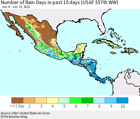 Mexico Central America and the Caribbean Number of Rain Days in past 10 days (USAF 557th WW) Thematic Map For 6/11/2022 - 6/15/2022