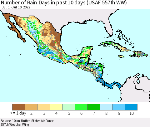 Mexico Central America and the Caribbean Number of Rain Days in past 10 days (USAF 557th WW) Thematic Map For 7/6/2022 - 7/10/2022