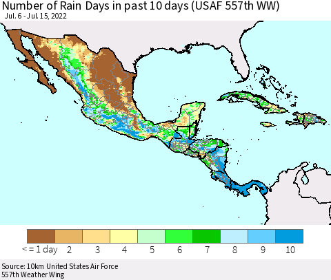 Mexico Central America and the Caribbean Number of Rain Days in past 10 days (USAF 557th WW) Thematic Map For 7/11/2022 - 7/15/2022