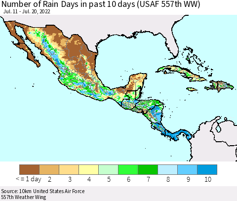 Mexico Central America and the Caribbean Number of Rain Days in past 10 days (USAF 557th WW) Thematic Map For 7/16/2022 - 7/20/2022