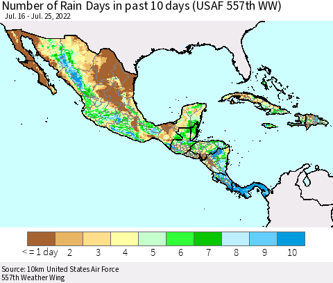 Mexico Central America and the Caribbean Number of Rain Days in past 10 days (USAF 557th WW) Thematic Map For 7/21/2022 - 7/25/2022