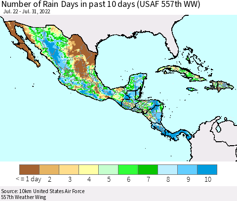 Mexico Central America and the Caribbean Number of Rain Days in past 10 days (USAF 557th WW) Thematic Map For 7/26/2022 - 7/31/2022
