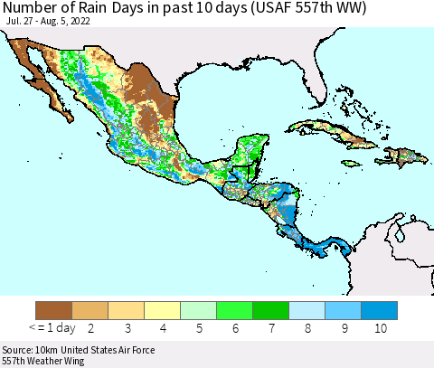 Mexico Central America and the Caribbean Number of Rain Days in past 10 days (USAF 557th WW) Thematic Map For 8/1/2022 - 8/5/2022
