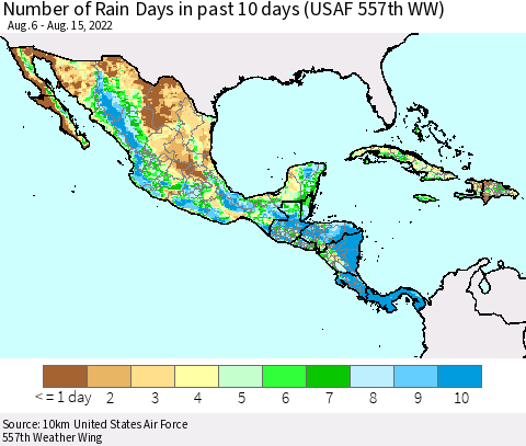 Mexico Central America and the Caribbean Number of Rain Days in past 10 days (USAF 557th WW) Thematic Map For 8/11/2022 - 8/15/2022