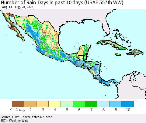 Mexico Central America and the Caribbean Number of Rain Days in past 10 days (USAF 557th WW) Thematic Map For 8/16/2022 - 8/20/2022