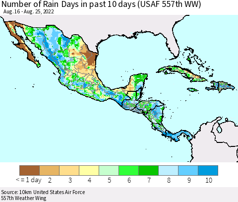 Mexico Central America and the Caribbean Number of Rain Days in past 10 days (USAF 557th WW) Thematic Map For 8/21/2022 - 8/25/2022