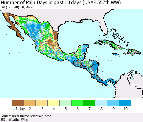 Mexico Central America and the Caribbean Number of Rain Days in past 10 days (USAF 557th WW) Thematic Map For 8/26/2022 - 8/31/2022