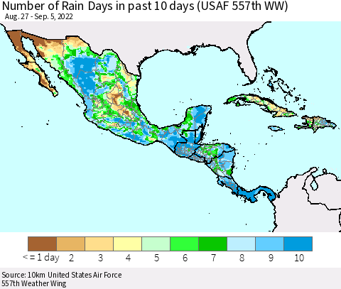 Mexico Central America and the Caribbean Number of Rain Days in past 10 days (USAF 557th WW) Thematic Map For 9/1/2022 - 9/5/2022