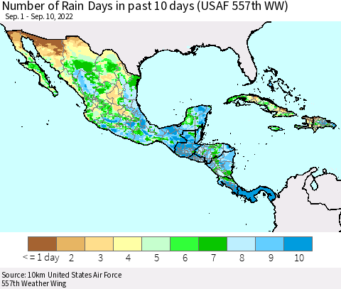 Mexico Central America and the Caribbean Number of Rain Days in past 10 days (USAF 557th WW) Thematic Map For 9/6/2022 - 9/10/2022