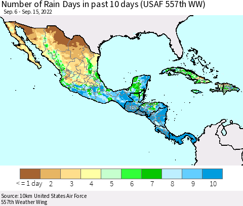 Mexico Central America and the Caribbean Number of Rain Days in past 10 days (USAF 557th WW) Thematic Map For 9/11/2022 - 9/15/2022