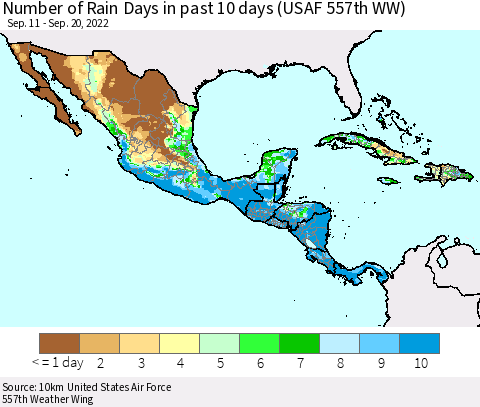 Mexico Central America and the Caribbean Number of Rain Days in past 10 days (USAF 557th WW) Thematic Map For 9/16/2022 - 9/20/2022