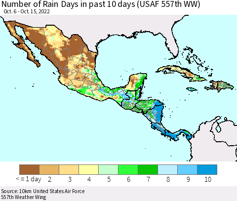 Mexico Central America and the Caribbean Number of Rain Days in past 10 days (USAF 557th WW) Thematic Map For 10/11/2022 - 10/15/2022