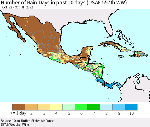 Mexico Central America and the Caribbean Number of Rain Days in past 10 days (USAF 557th WW) Thematic Map For 10/26/2022 - 10/31/2022