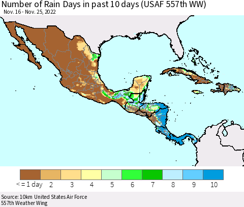 Mexico Central America and the Caribbean Number of Rain Days in past 10 days (USAF 557th WW) Thematic Map For 11/21/2022 - 11/25/2022