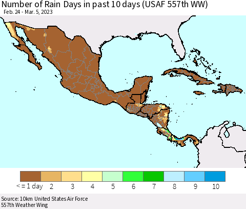 Mexico Central America and the Caribbean Number of Rain Days in past 10 days (USAF 557th WW) Thematic Map For 3/1/2023 - 3/5/2023