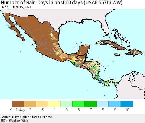 Mexico Central America and the Caribbean Number of Rain Days in past 10 days (USAF 557th WW) Thematic Map For 3/11/2023 - 3/15/2023