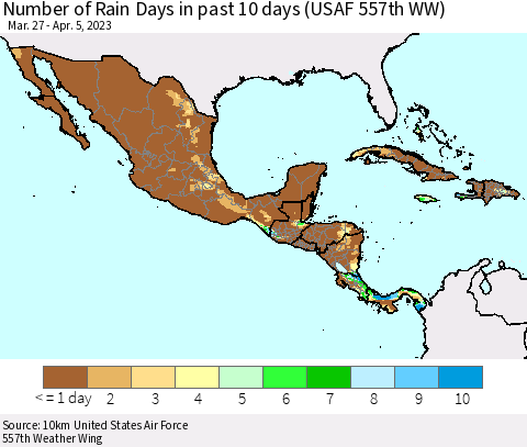 Mexico Central America and the Caribbean Number of Rain Days in past 10 days (USAF 557th WW) Thematic Map For 4/1/2023 - 4/5/2023