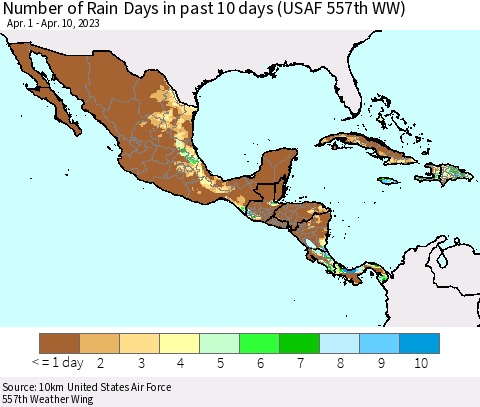 Mexico Central America and the Caribbean Number of Rain Days in past 10 days (USAF 557th WW) Thematic Map For 4/6/2023 - 4/10/2023