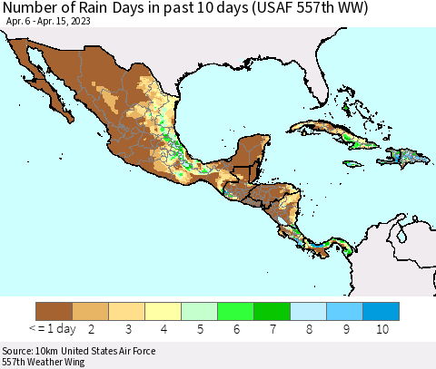 Mexico Central America and the Caribbean Number of Rain Days in past 10 days (USAF 557th WW) Thematic Map For 4/11/2023 - 4/15/2023