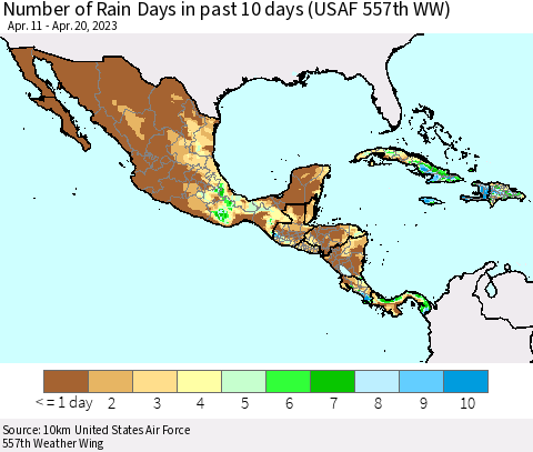 Mexico Central America and the Caribbean Number of Rain Days in past 10 days (USAF 557th WW) Thematic Map For 4/16/2023 - 4/20/2023