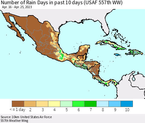 Mexico Central America and the Caribbean Number of Rain Days in past 10 days (USAF 557th WW) Thematic Map For 4/21/2023 - 4/25/2023