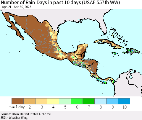Mexico Central America and the Caribbean Number of Rain Days in past 10 days (USAF 557th WW) Thematic Map For 4/26/2023 - 4/30/2023