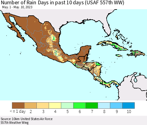 Mexico Central America and the Caribbean Number of Rain Days in past 10 days (USAF 557th WW) Thematic Map For 5/6/2023 - 5/10/2023