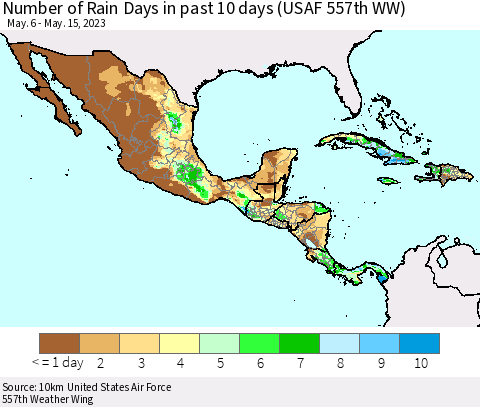 Mexico Central America and the Caribbean Number of Rain Days in past 10 days (USAF 557th WW) Thematic Map For 5/11/2023 - 5/15/2023