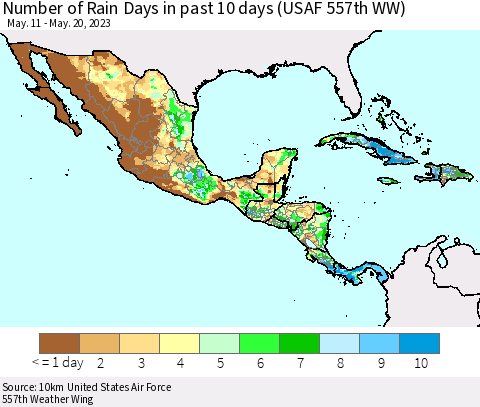 Mexico Central America and the Caribbean Number of Rain Days in past 10 days (USAF 557th WW) Thematic Map For 5/16/2023 - 5/20/2023