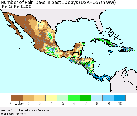 Mexico Central America and the Caribbean Number of Rain Days in past 10 days (USAF 557th WW) Thematic Map For 5/26/2023 - 5/31/2023