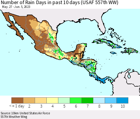 Mexico Central America and the Caribbean Number of Rain Days in past 10 days (USAF 557th WW) Thematic Map For 6/1/2023 - 6/5/2023
