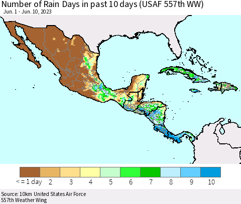 Mexico Central America and the Caribbean Number of Rain Days in past 10 days (USAF 557th WW) Thematic Map For 6/6/2023 - 6/10/2023