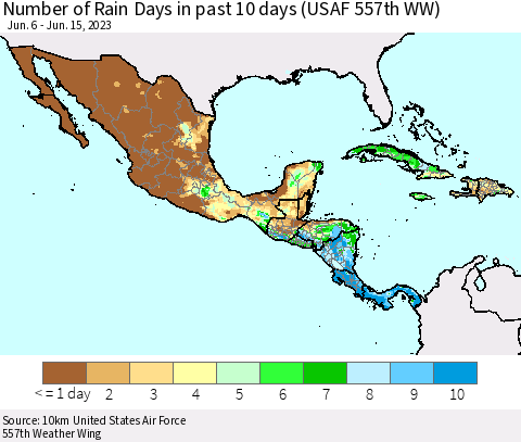 Mexico Central America and the Caribbean Number of Rain Days in past 10 days (USAF 557th WW) Thematic Map For 6/11/2023 - 6/15/2023