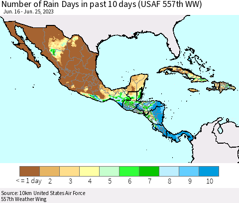 Mexico Central America and the Caribbean Number of Rain Days in past 10 days (USAF 557th WW) Thematic Map For 6/21/2023 - 6/25/2023