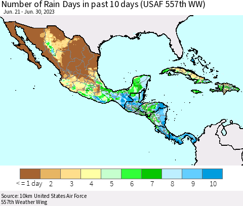 Mexico Central America and the Caribbean Number of Rain Days in past 10 days (USAF 557th WW) Thematic Map For 6/26/2023 - 6/30/2023