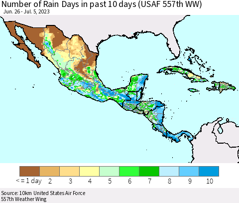 Mexico Central America and the Caribbean Number of Rain Days in past 10 days (USAF 557th WW) Thematic Map For 7/1/2023 - 7/5/2023