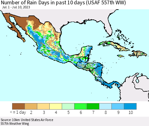 Mexico Central America and the Caribbean Number of Rain Days in past 10 days (USAF 557th WW) Thematic Map For 7/6/2023 - 7/10/2023