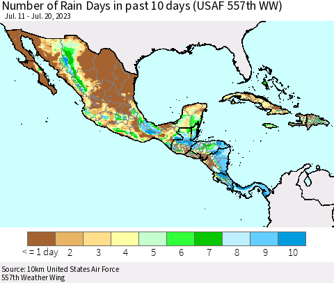 Mexico Central America and the Caribbean Number of Rain Days in past 10 days (USAF 557th WW) Thematic Map For 7/16/2023 - 7/20/2023