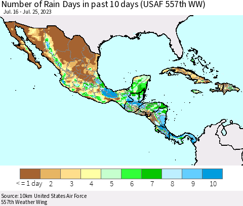 Mexico Central America and the Caribbean Number of Rain Days in past 10 days (USAF 557th WW) Thematic Map For 7/21/2023 - 7/25/2023
