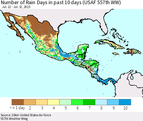 Mexico Central America and the Caribbean Number of Rain Days in past 10 days (USAF 557th WW) Thematic Map For 7/26/2023 - 7/31/2023