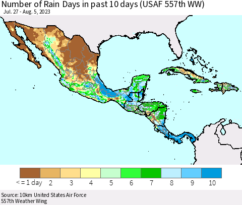 Mexico Central America and the Caribbean Number of Rain Days in past 10 days (USAF 557th WW) Thematic Map For 8/1/2023 - 8/5/2023