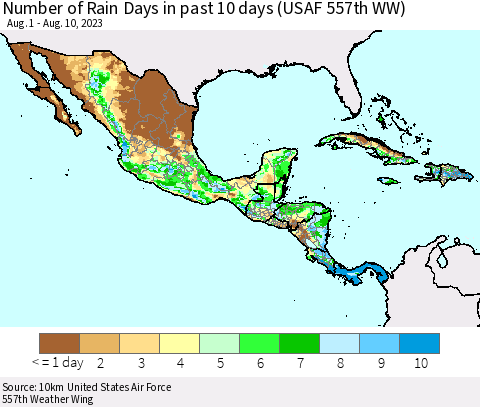 Mexico Central America and the Caribbean Number of Rain Days in past 10 days (USAF 557th WW) Thematic Map For 8/6/2023 - 8/10/2023