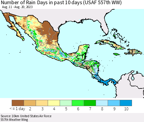 Mexico Central America and the Caribbean Number of Rain Days in past 10 days (USAF 557th WW) Thematic Map For 8/16/2023 - 8/20/2023