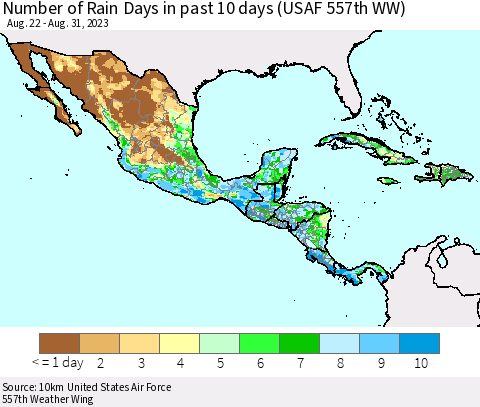 Mexico Central America and the Caribbean Number of Rain Days in past 10 days (USAF 557th WW) Thematic Map For 8/26/2023 - 8/31/2023