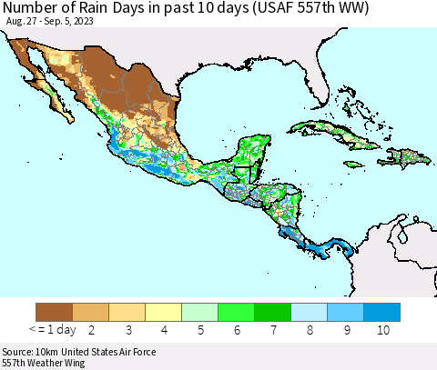 Mexico Central America and the Caribbean Number of Rain Days in past 10 days (USAF 557th WW) Thematic Map For 9/1/2023 - 9/5/2023