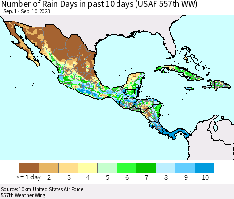 Mexico Central America and the Caribbean Number of Rain Days in past 10 days (USAF 557th WW) Thematic Map For 9/6/2023 - 9/10/2023