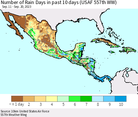 Mexico Central America and the Caribbean Number of Rain Days in past 10 days (USAF 557th WW) Thematic Map For 9/16/2023 - 9/20/2023