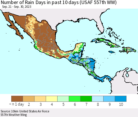 Mexico Central America and the Caribbean Number of Rain Days in past 10 days (USAF 557th WW) Thematic Map For 9/26/2023 - 9/30/2023