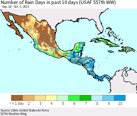 Mexico Central America and the Caribbean Number of Rain Days in past 10 days (USAF 557th WW) Thematic Map For 10/1/2023 - 10/5/2023